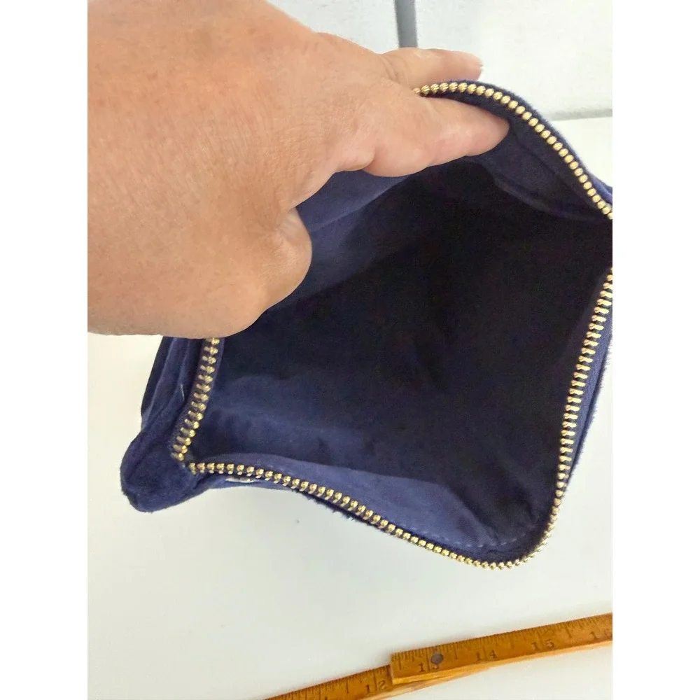 Merona Navy Blue Velvet Foldover Clutch Bag Gold Zipper Evening Pouch‎